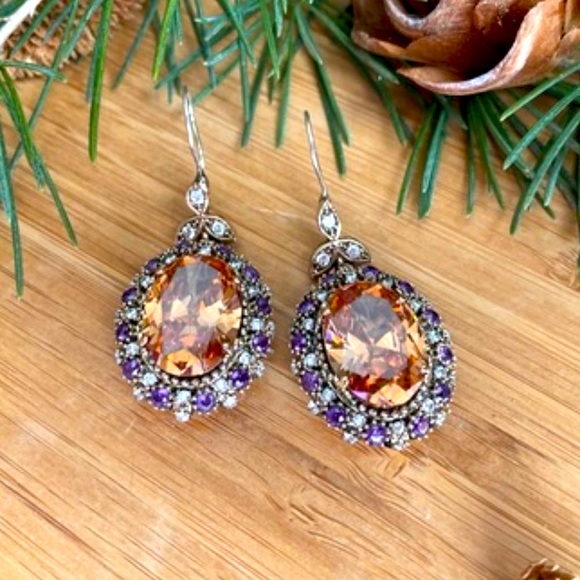 925 Sterling Silver, Orange Topaz, Drop/Dangle Earrings - Picture 6 of 9